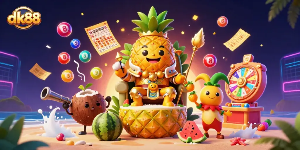 Engage in exciting gameplay at dk88 with a lively scene featuring a golden pineapple king and vibrant casino elements.