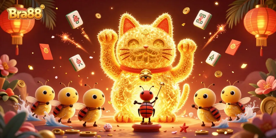 Engage in the vibrant world of Bra88 with dynamic casino symbols and enchanting golden fireflies.