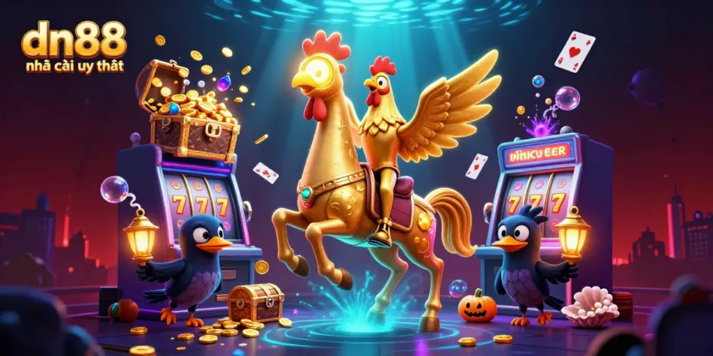 Experience the vibrant world of dn88 nhà cái uy tín with a golden rooster in a bustling casino.