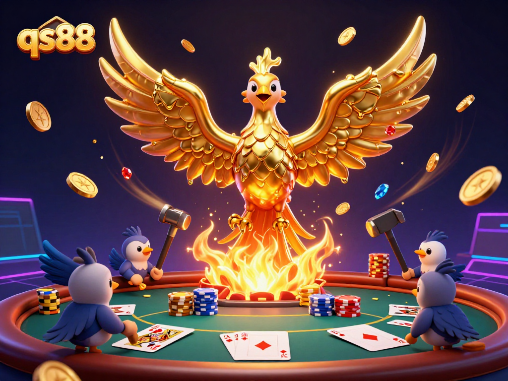 Experience the excitement of qs88 with this vivid 3D illustration of a poker showdown, stacked chips, and shimmering gold.