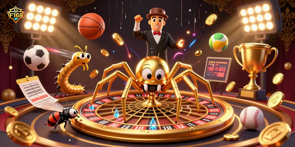 Experience thrilling gameplay with F168, where a golden spider spins a roulette web, showcasing dynamic sports and casino elements.