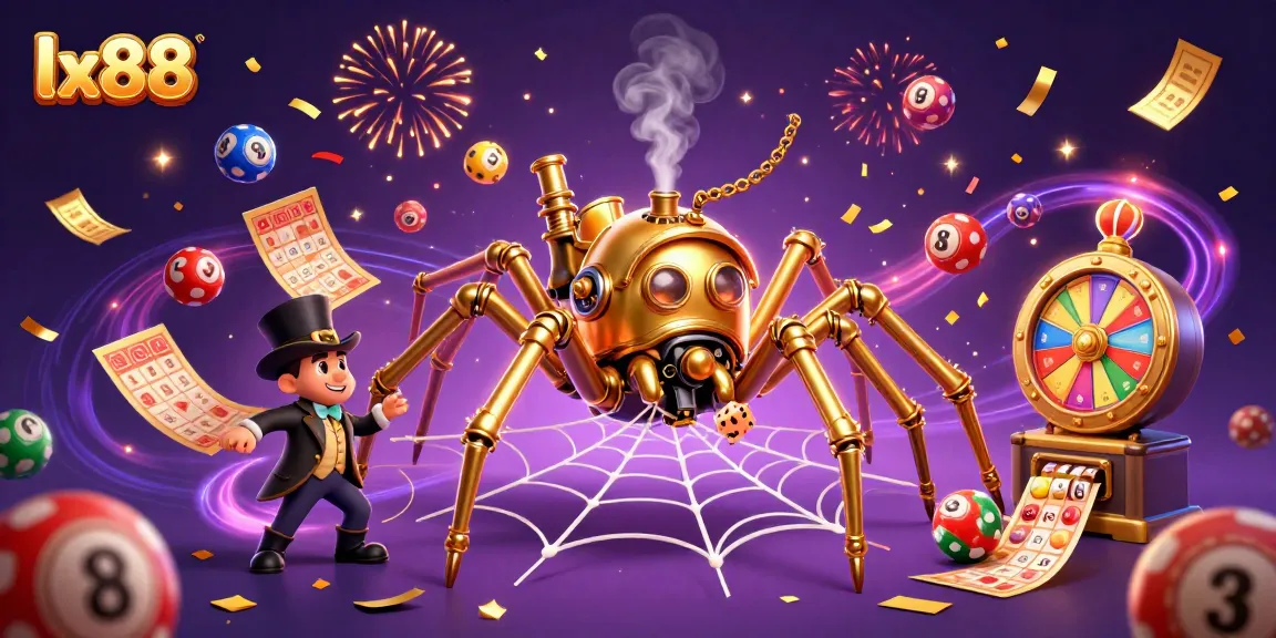 Experience excitement at lx88 with a steampunk spider and lottery elements in a dynamic casino scene.