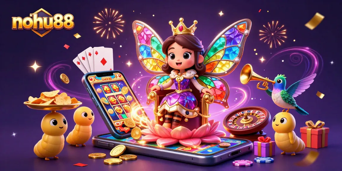 Nohu88 game reveal as a butterfly queen oversees vibrant casino adventure filled with treasures.