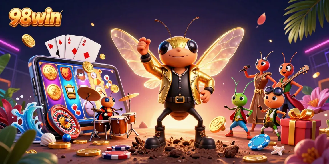 Play exciting slot games with 98win's vibrant characters in a dynamic digital casino scene.