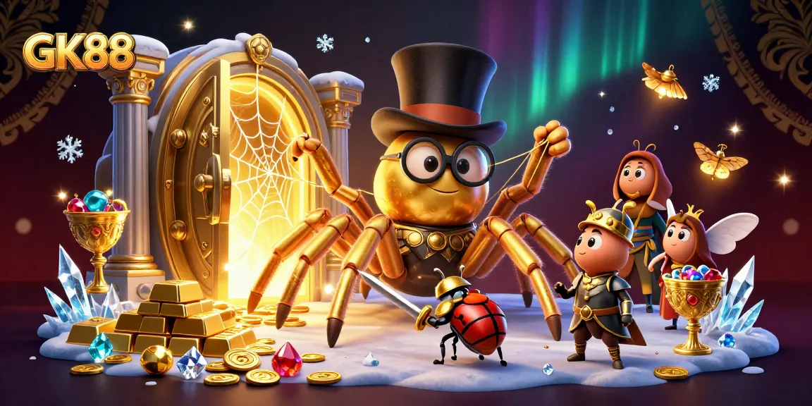GK88 inspires thrilling moments with a golden tarantula weaving a web of fortune in a vibrant online casino.