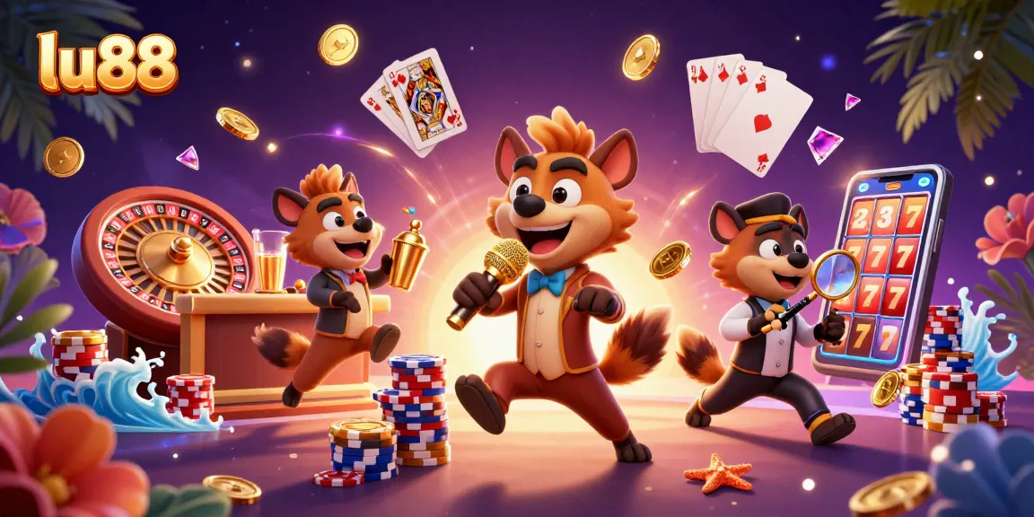lu88 casino hyenas performing comedy, mixing drinks, and ID checks in a vibrant gaming scene