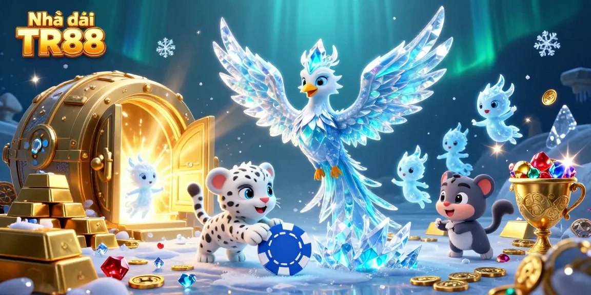 Experience the thrill of Nhà cái TR88 with a mystical illustration featuring an ice phoenix and vibrant gems.