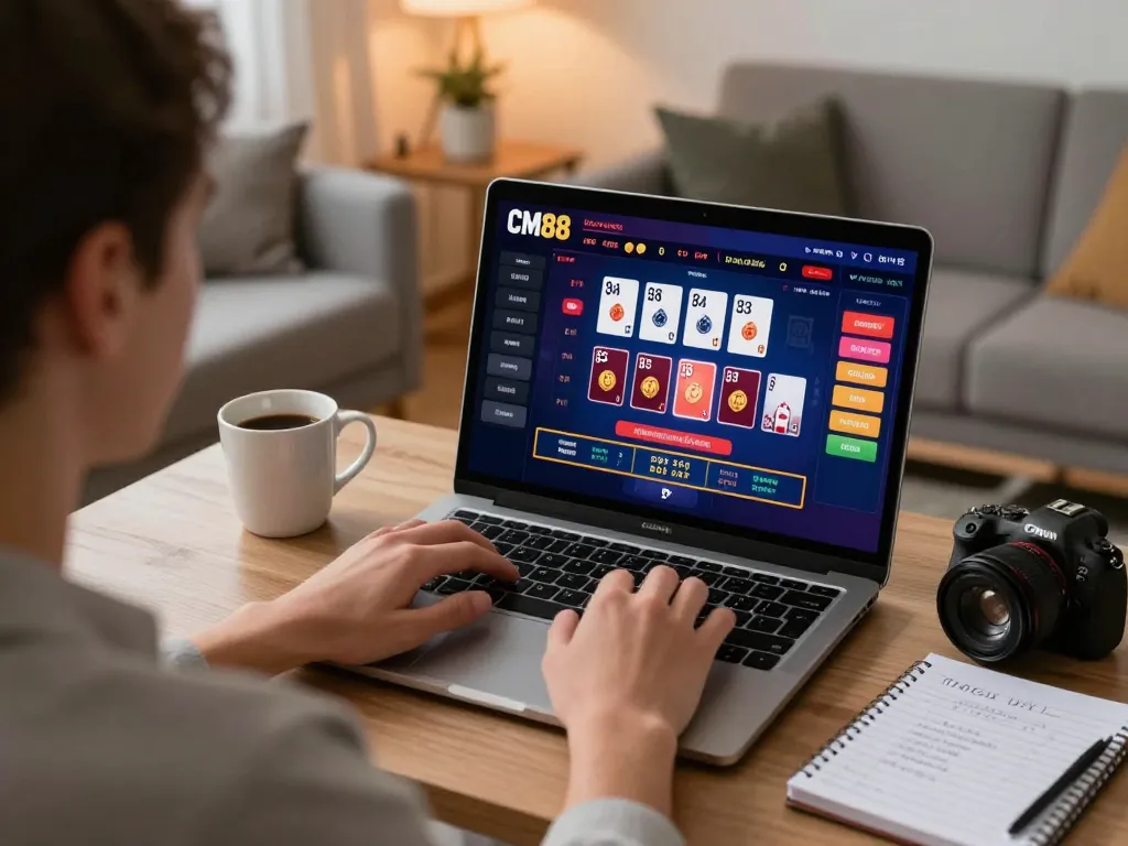 CM88's live dealer games being played on a laptop at home, showcasing strategic gameplay and responsible entertainment