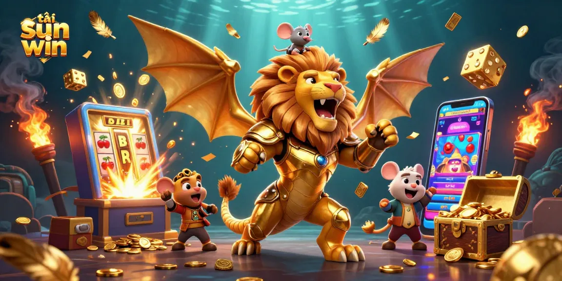Play and win at tải sun win, featuring a vibrant casino scene with golden elements and a jackpot explosion.