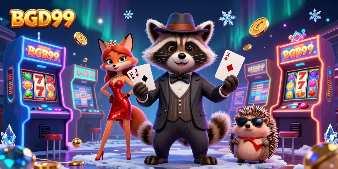Experience thrilling winning moments at BGD99 with a suave raccoon and charming fox in a vibrant casino scene.