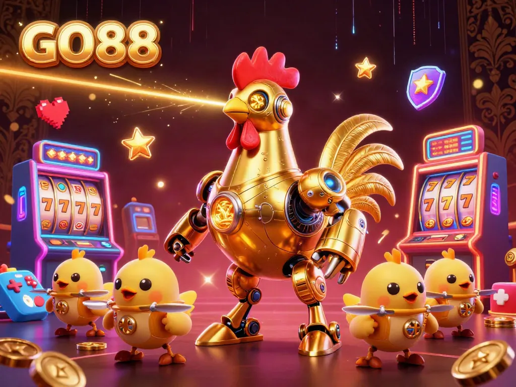 Engage in thrilling gaming with GO88's vibrant casino scene showcasing dynamic characters and animated slot machines.