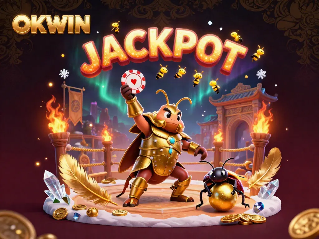 Experience the thrill of winning with OKWIN in this vibrant casino-themed 3D illustration featuring a victorious beetle hero.