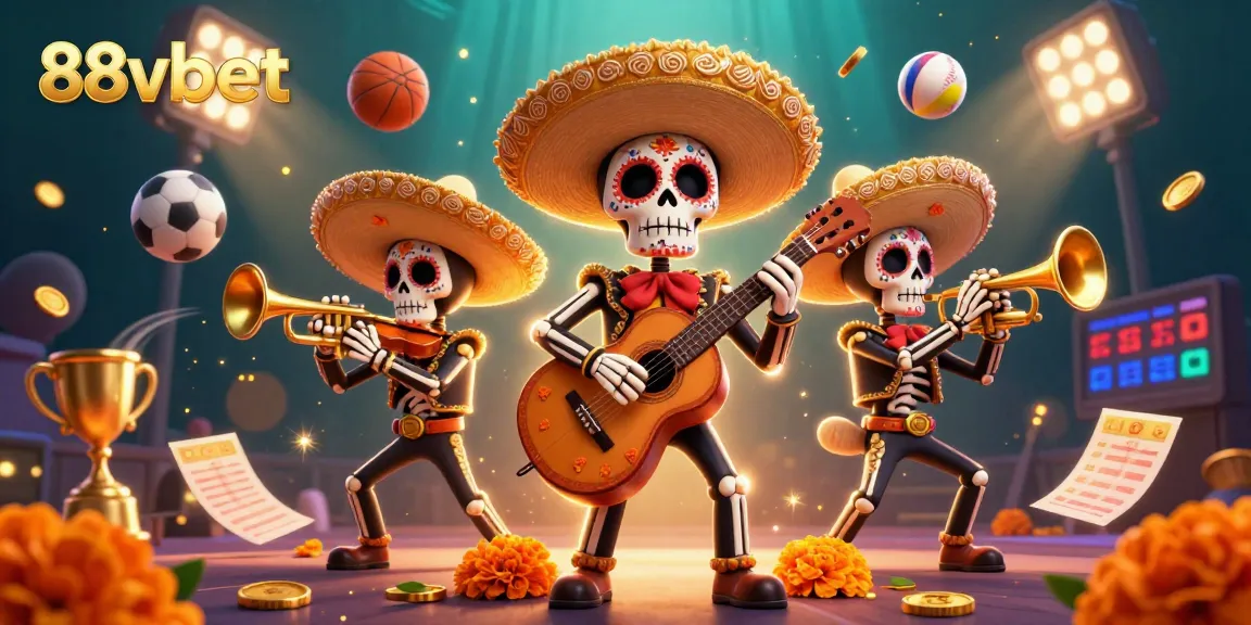 Experience the vibrant excitement of 88vbet with a lively Day of the Dead mariachi band amidst sports action!