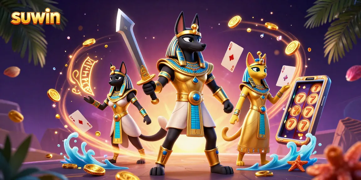 Experience suwin's thrilling gaming atmosphere with Anubis and Bastet amid cascading coins and vibrant casino elements.