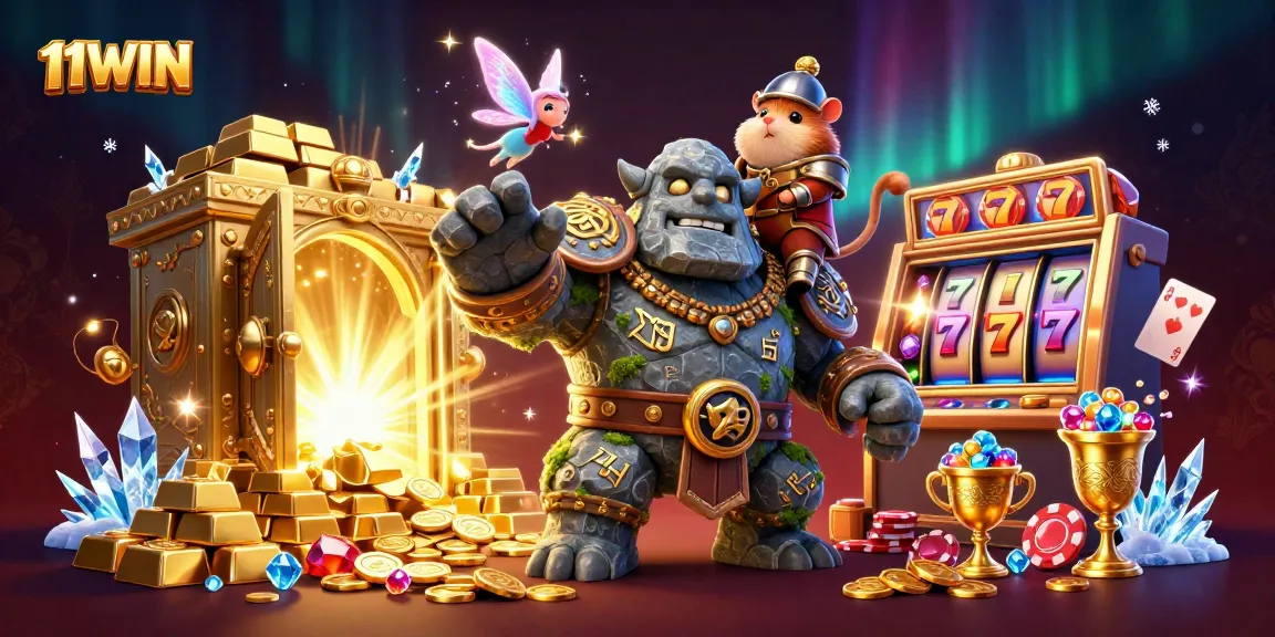 Experience thrills with 11WIN as a golem guardian and hamster knight engage in epic slot action!