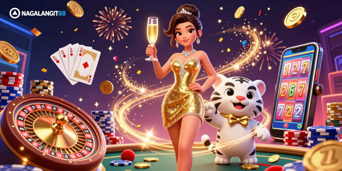 NAGALANGIT88 showcases a glamorous woman and a lucky tiger in a captivating casino scene with vibrant colors and sparkling elements.