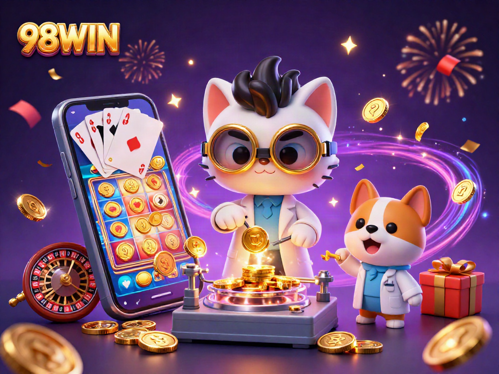 Experience thrilling gameplay at 98WIN with mad scientist characters, slots, and exciting casino elements.