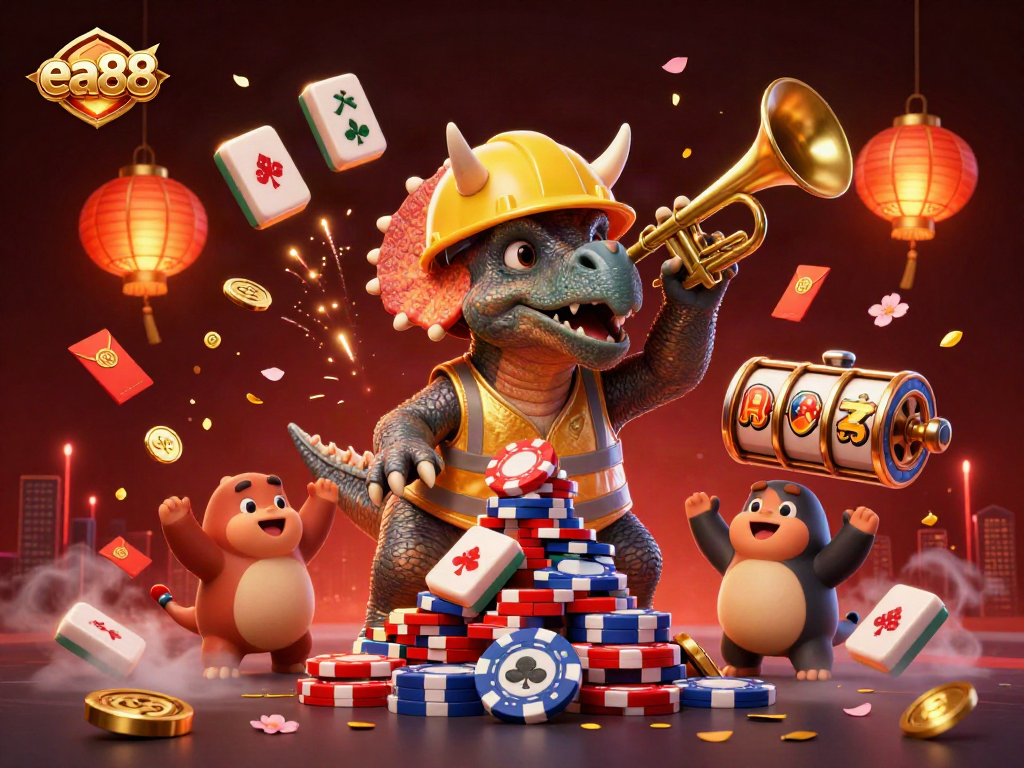 ea88 triceratops builds poker chip pyramid; festive casino-themed celebration