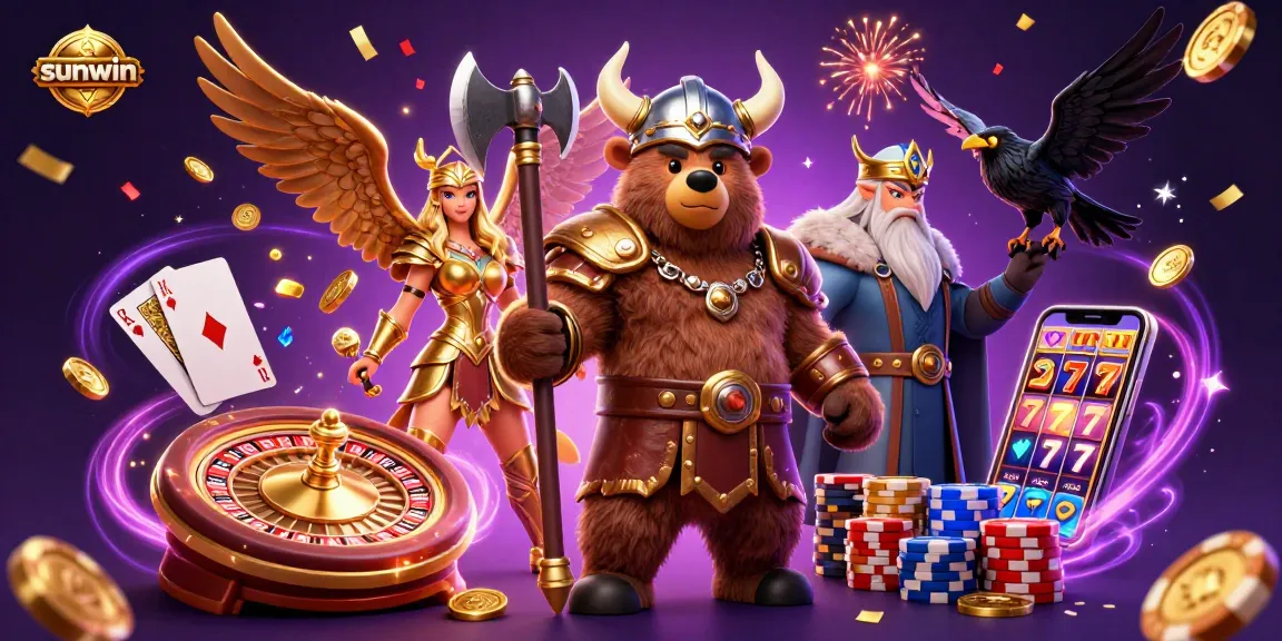Engage with sunwin's thrilling casino experience featuring Viking warriors and vibrant game symbols.