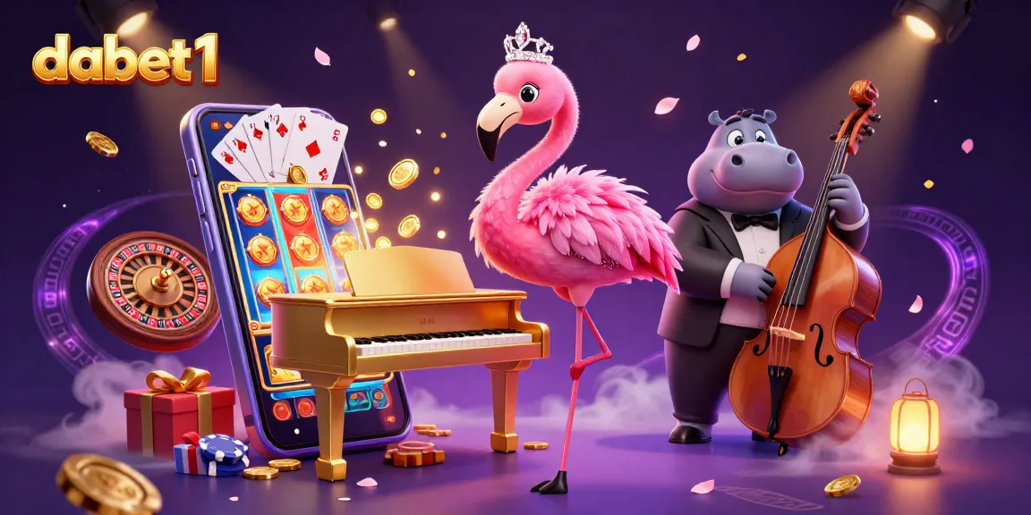dabet1 features a vibrant 3D casino scene with a flamingo musician and game elements.