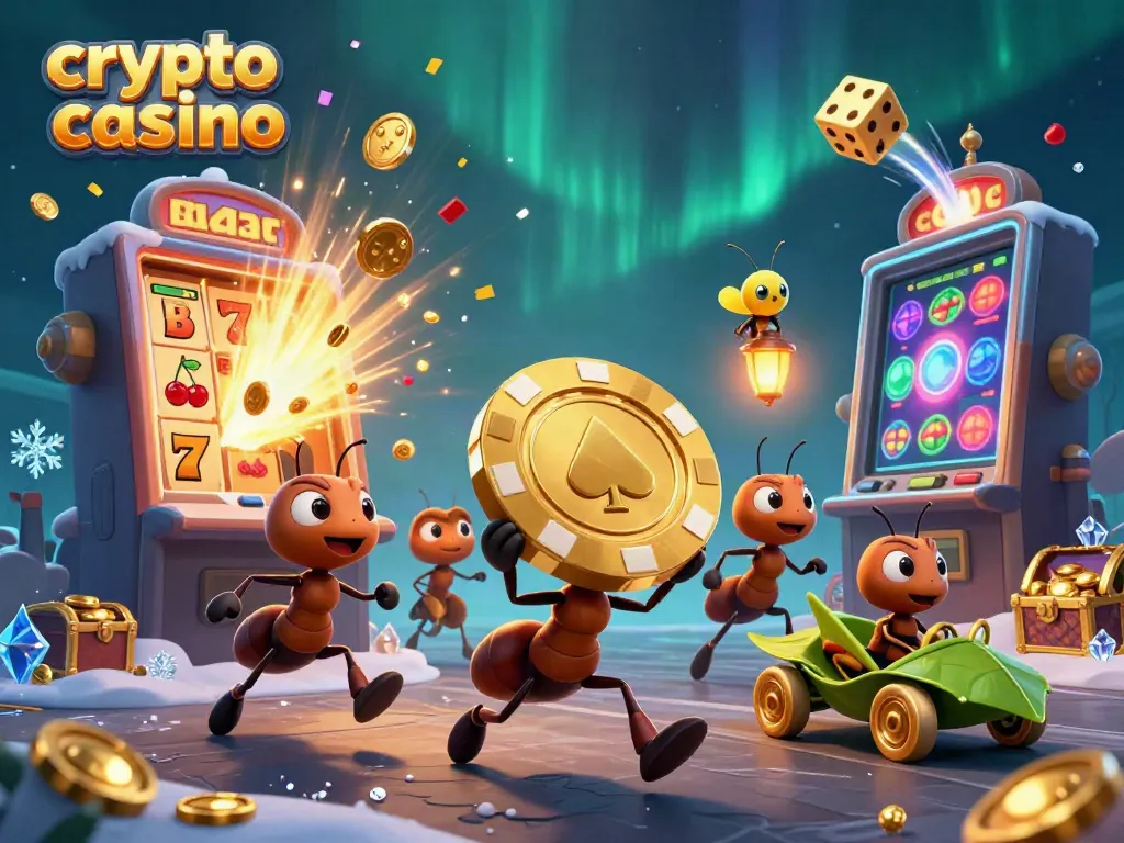 Engaging scene of a crypto casino heist with playful ants, a firefly lookout, and a grasshopper driving.