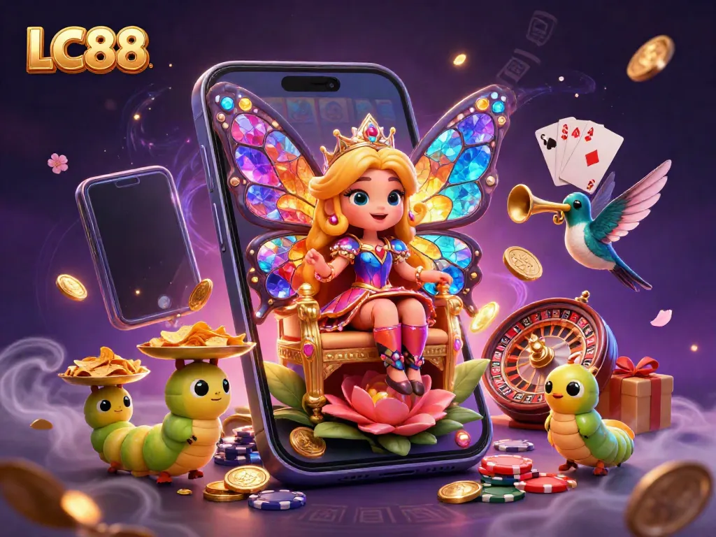 Experience the vibrant world of LC88 with a butterfly queen on her throne surrounded by gaming excitement.