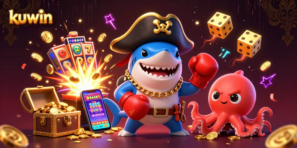 Engage with kuwin for thrilling online casino adventures featuring a colorful pirate shark, pufferfish, and octopus.