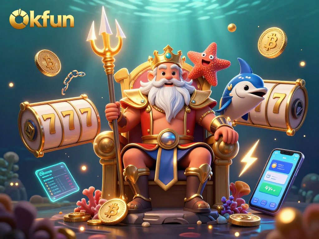Experience gaming excitement at okfun with dynamic 3D casino elements showcasing Neptune and themed treasures.