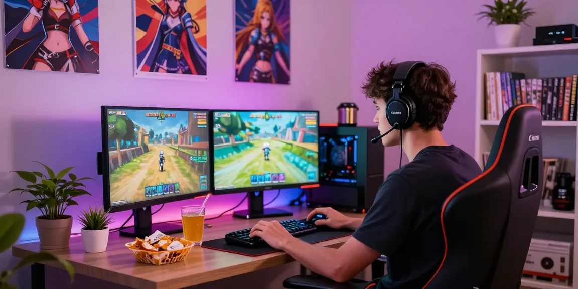 Engaged gamer playing hentaigames in a cozy neon-lit room with gaming decor.