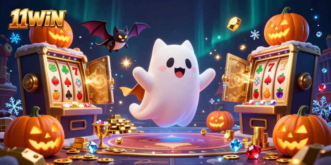 Experience thrilling gaming adventures at 11WIN in a haunted casino with a ghost cat and vampire bat.
