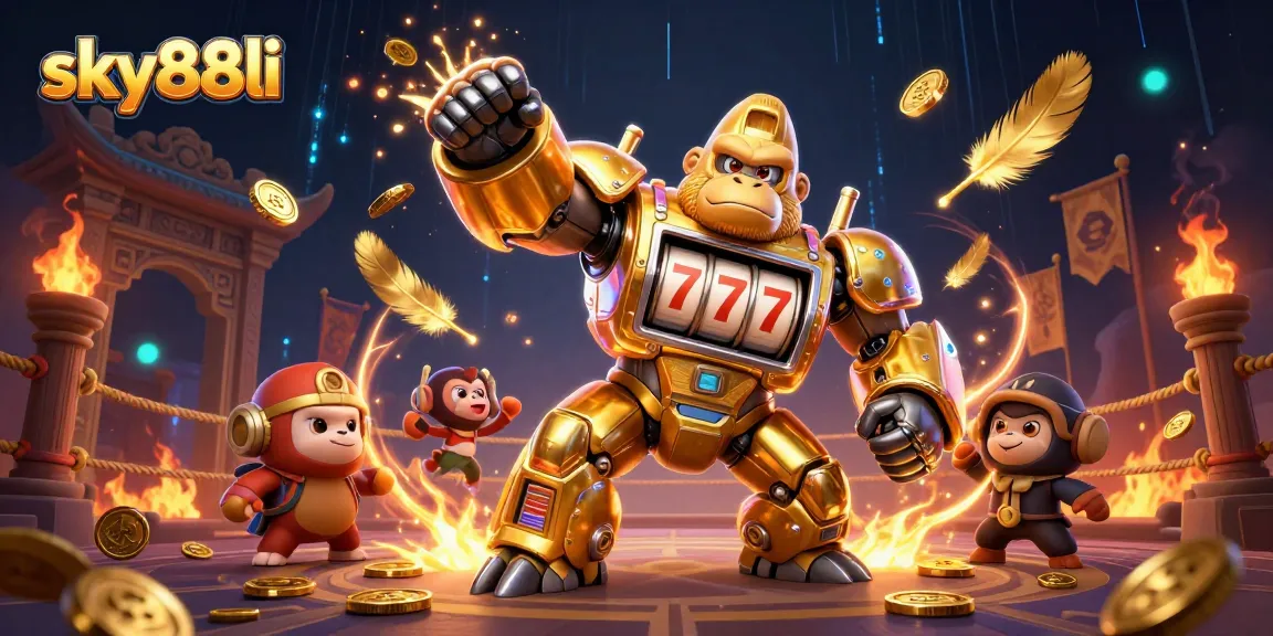 Sky88li showcases thrilling slots with a golden gorilla mech exploding with coins.