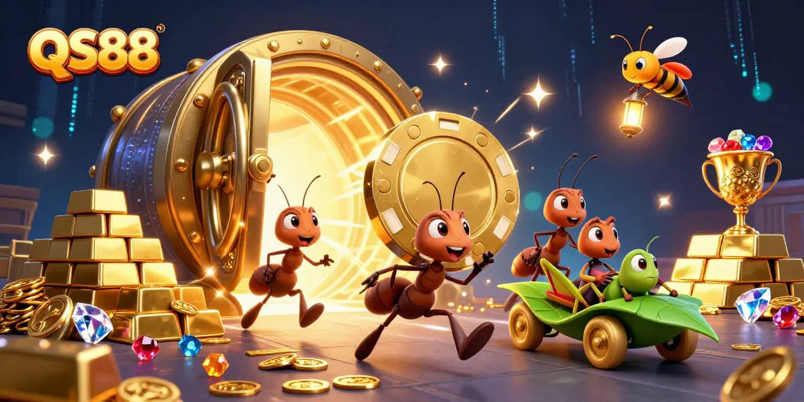 Experience excitement at QS88 with a thrilling heist scene featuring ants and sparkling treasures in a dynamic casino setting.