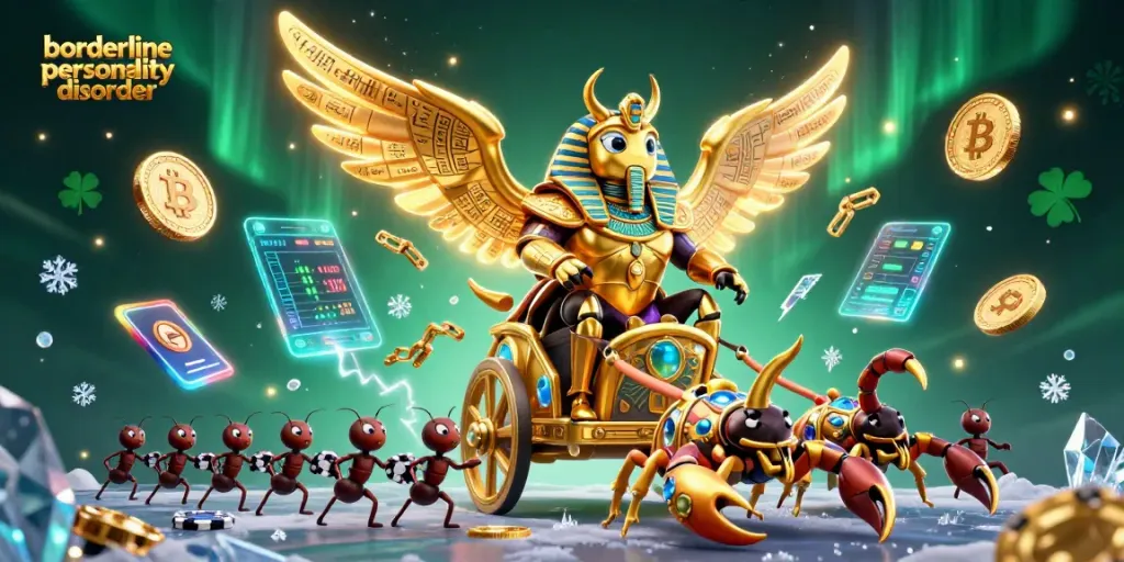 Engaging scene illustrating borderline personality disorder with a golden beetle and scorpions, reflecting gambling themes.