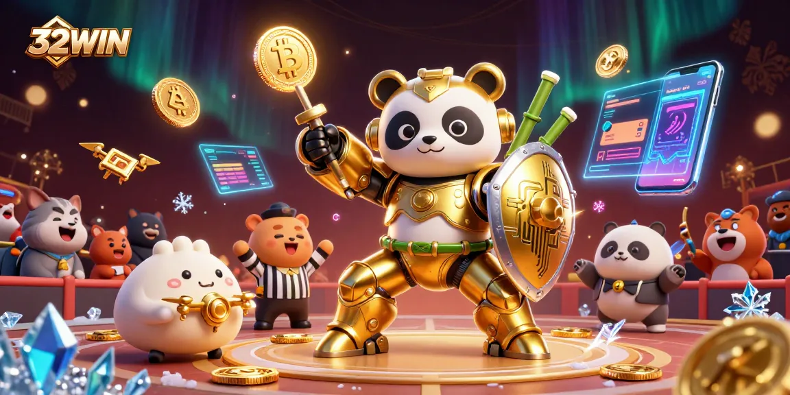 Experience exciting gameplay with 32WIN in a vibrant casino arena featuring golden panda pilots.