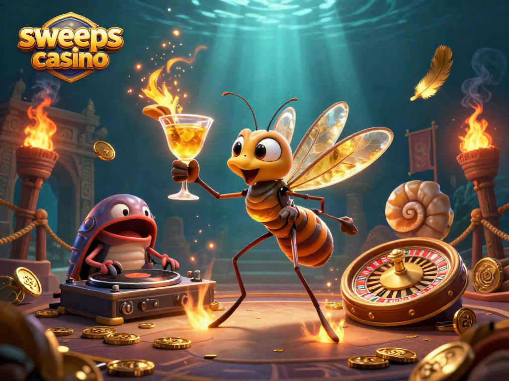 Experience the excitement of sweeps coins casino with a vibrant 3D scene featuring lively casino mascots and action.