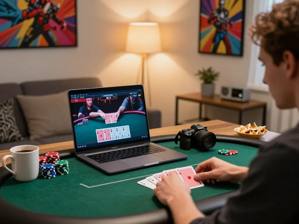 Engaging in strategic gameplay on trang chủ cm88 with intense poker hands in an inviting home setup.