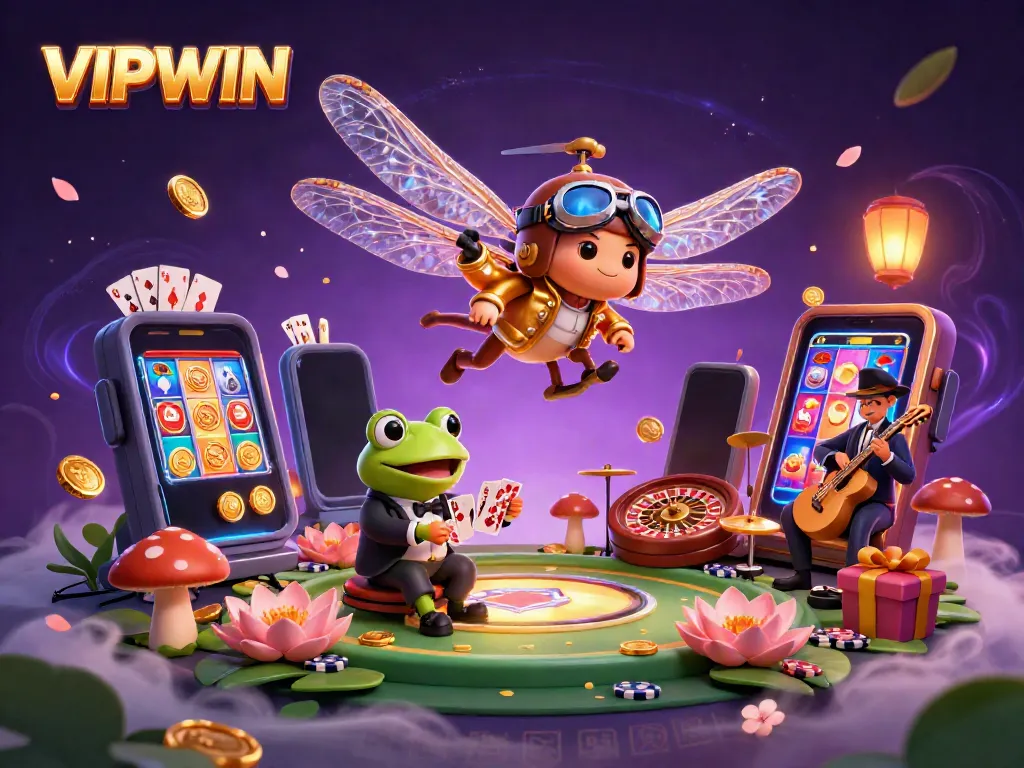 Experience thrilling VIPWIN gaming with a dynamic scene featuring colorful slot reels, a frog croupier, and vibrant casino elements.