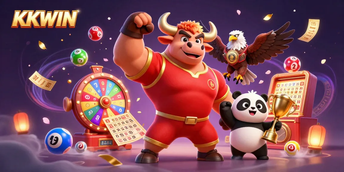 KKWIN mascot celebrates winning with colorful lottery elements and dynamic graphics.
