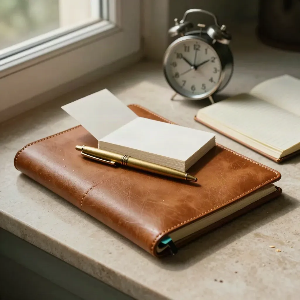 Leather folio, brass pen, cards, clock, and notebook on rain-sheened stone