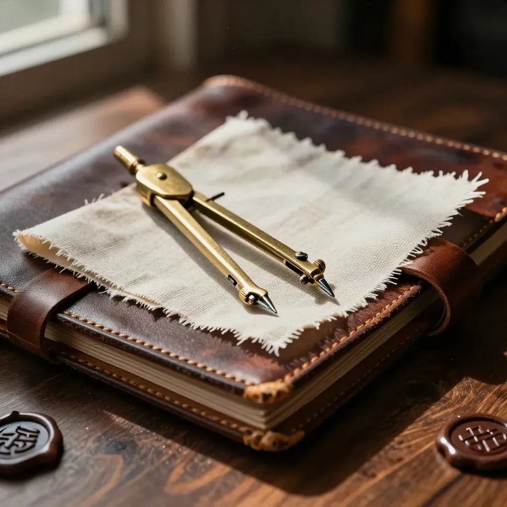 Leather project folio, brass compass, and linen sample on dark walnut in soft macro light.