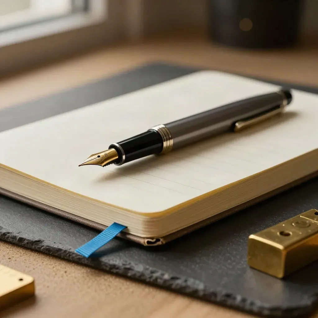 Fountain pen, pocket notebook, brass paperweight on canvas mat in dramatic studio light.