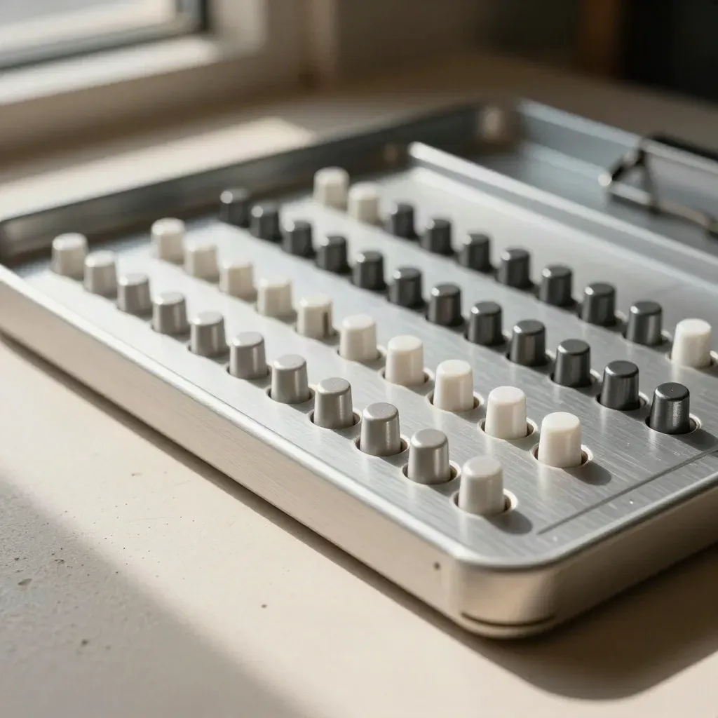 Brushed clipboard, white status pegs, and index tray on pale plaster under soft side light.