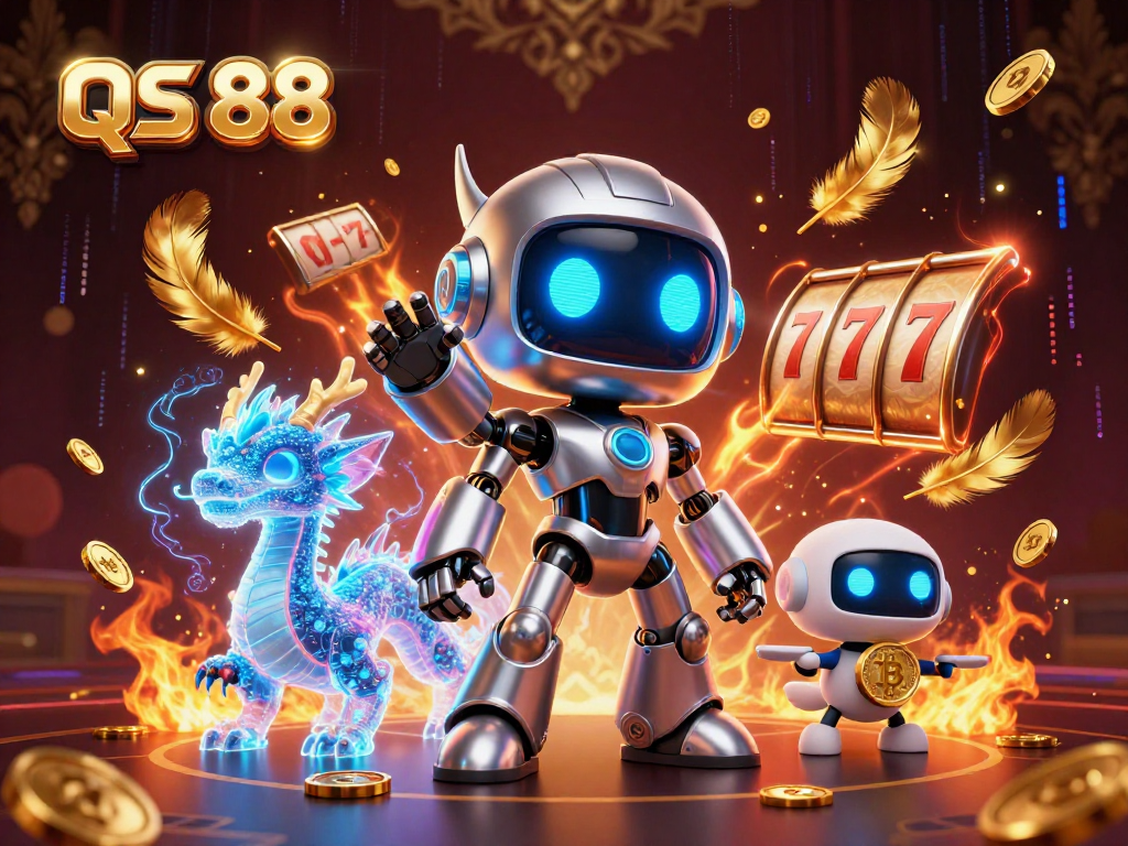 Engage with QS 88's 3D casino illustration featuring a cyberpunk robot and vibrant gaming elements.