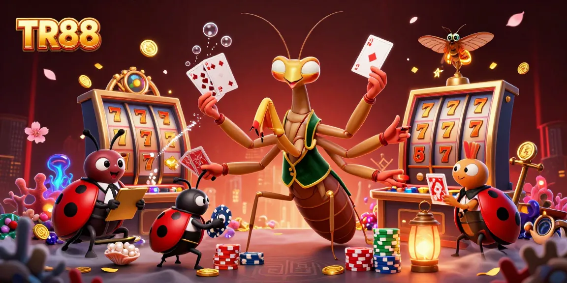 Engage in thrilling casino gameplay with TR88 as a giant mantis dealer shuffles cards and pours champagne amidst vibrant slot symbols.