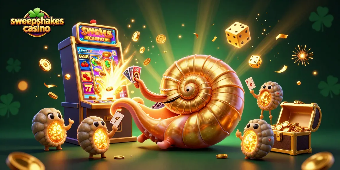Sweepstakes casino scene featuring a giant nautilus roulette wheel surrounded by vibrant gaming elements and golden treasures.