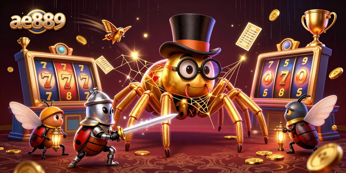 Engage with ae889's vibrant slot game experience illustrated through dynamic 3D characters and casino elements.