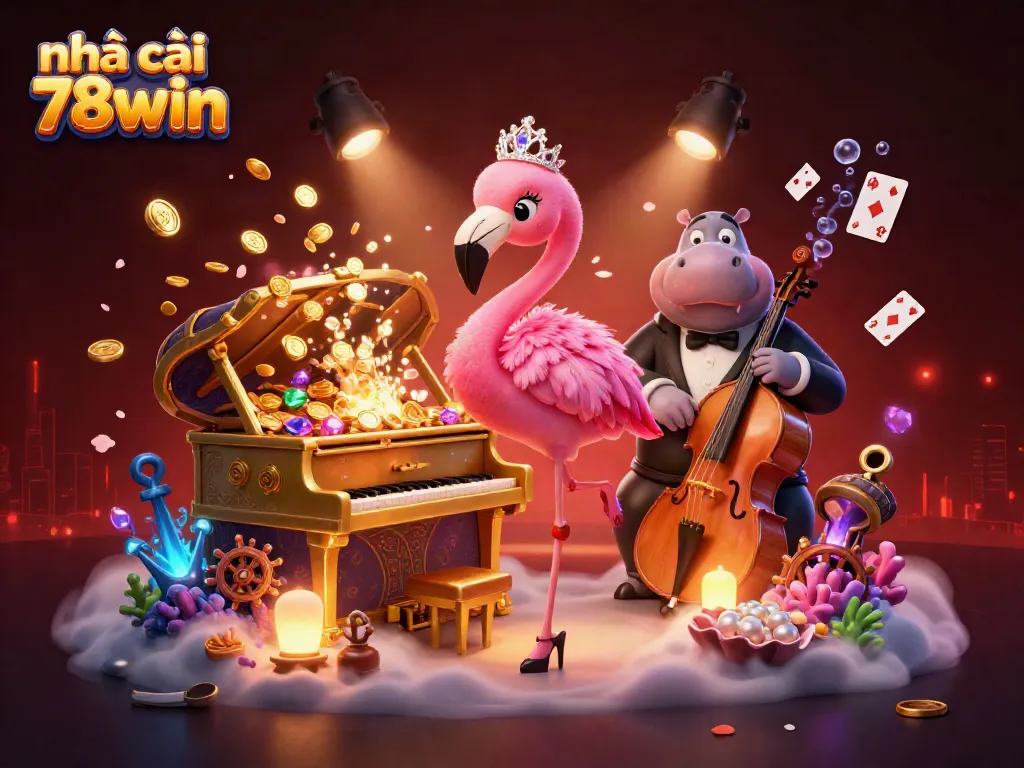 Experience the vibrant world of nhà cái 78win with a lively casino scene highlighting unique characters and gaming elements.