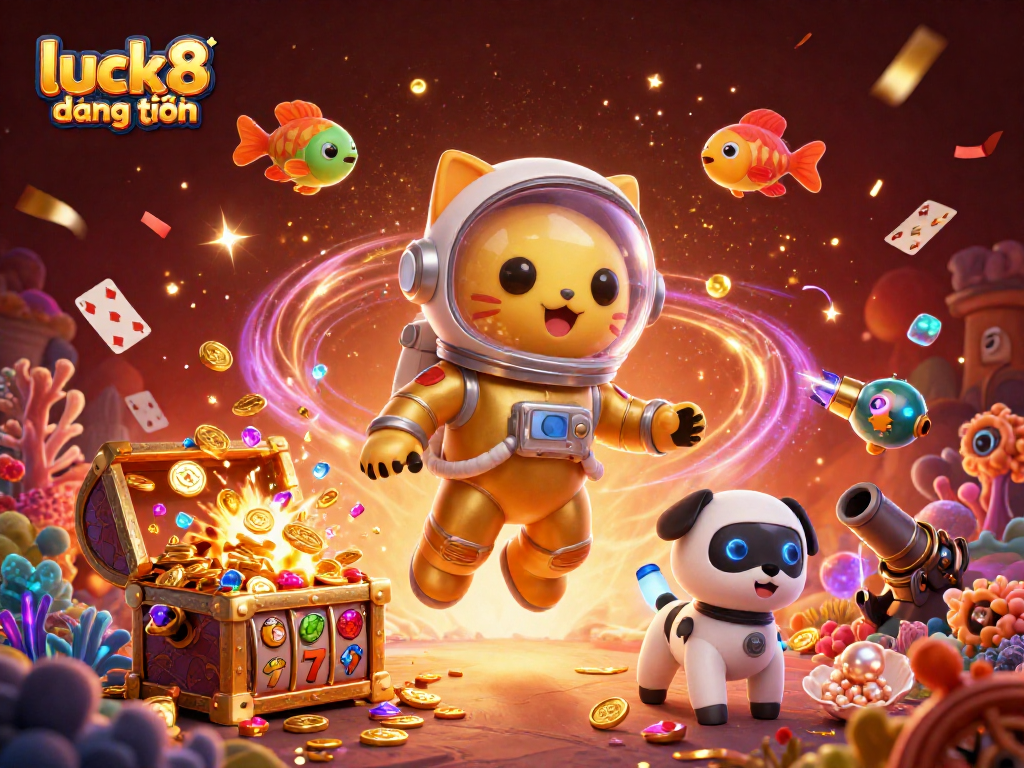 Engage with the vibrant luck8 đăng nhập scene showcasing an astronaut cat and casino elements in a cosmic atmosphere.