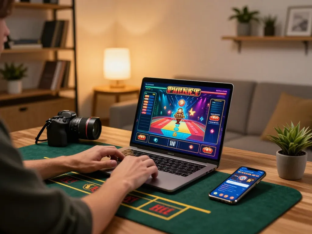 Engaging in online casino gaming with cm88 on a laptop and smartphone, showcasing a strategic home setup.
