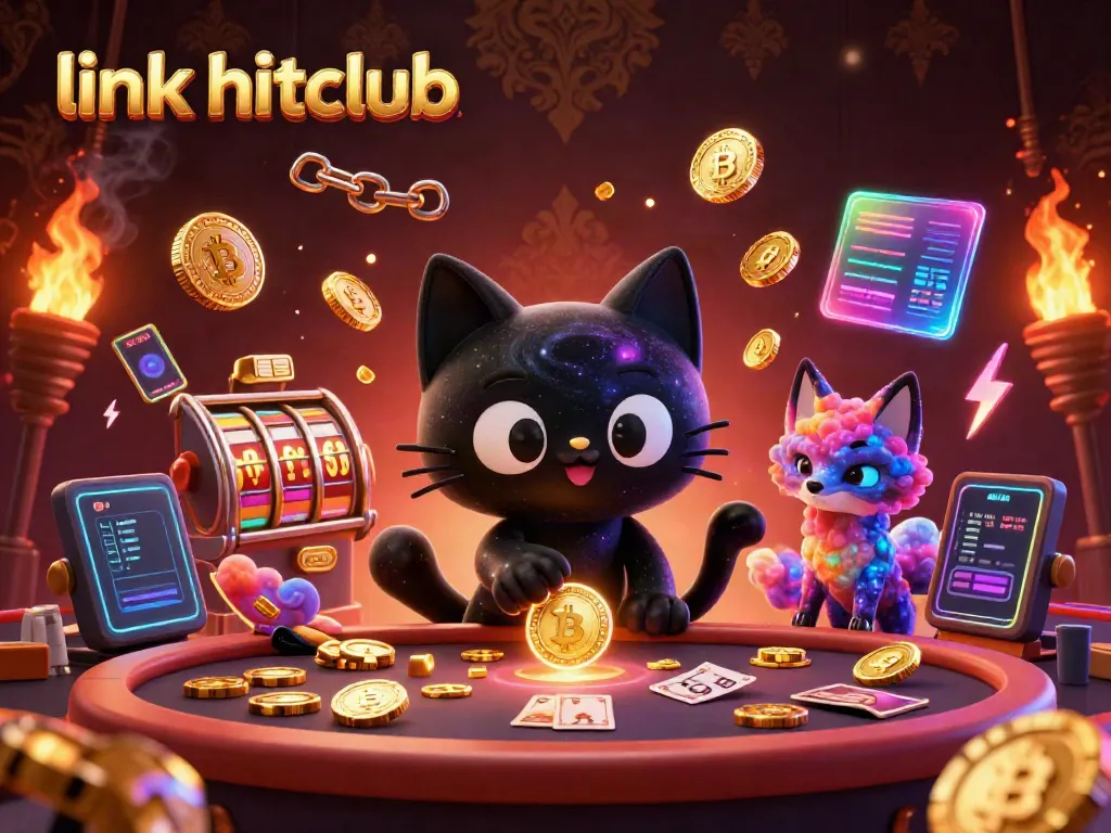 Engage in the thrill of link hitclub as a cosmic cat spins golden chips and cards at a vibrant casino table.